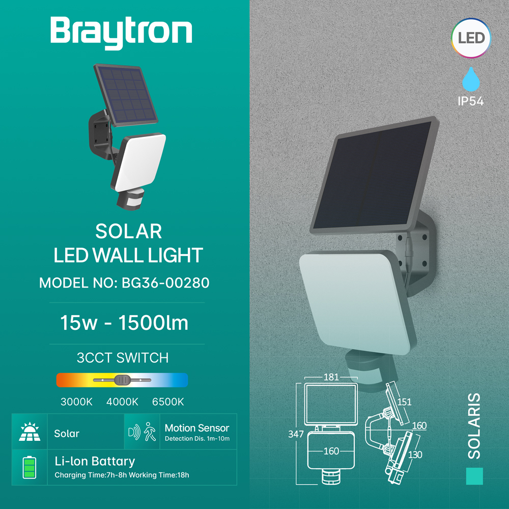 Braytron Solar Wandleuchte 15W Schwarz Sensor IP54 Außenlicht – Ansicht 10