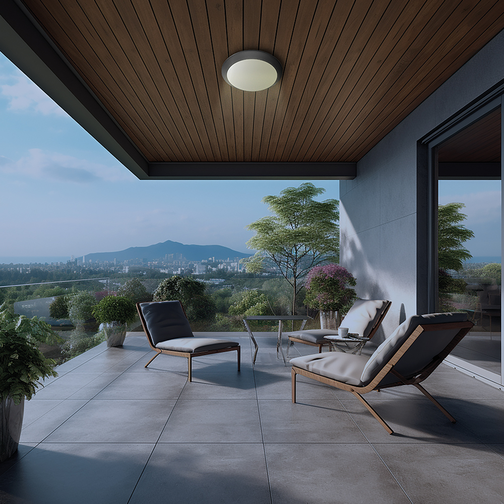 Außen Deckenleuchte E27 mit Bewegungsmelder – Anthrazit IP65 – Ø265 mm Feuchtraum – Ansicht 9