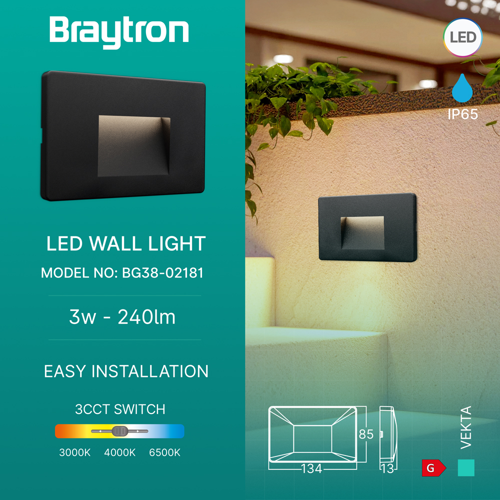 Braytron LED Außenwandleuchte 3 w 3CCT wählbar 240 lm IP65 Schwarz – Ansicht 3