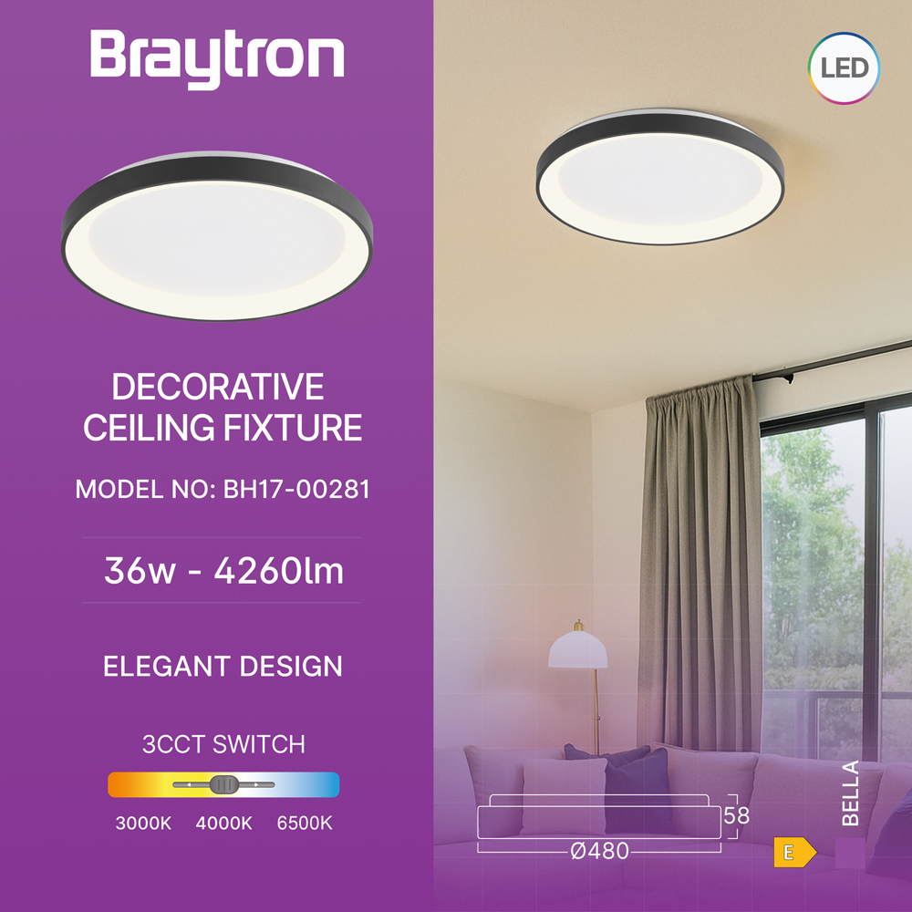 Braytron LED Wandleuchte Innen Rund 36 w 3CCT wählbar 3200 lm IP20 Schwarz – Ansicht 3