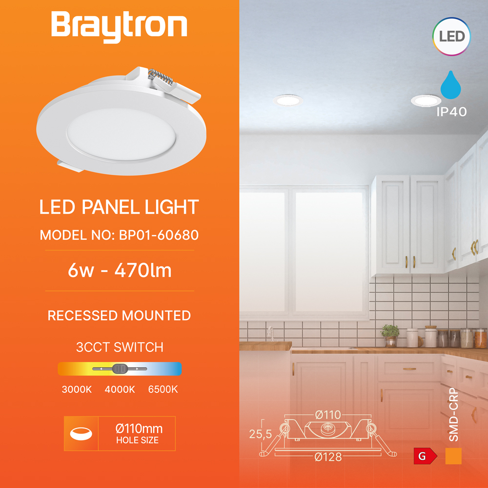 Braytron LED Panel Rund Ultraflach 6 w 3CCT 3000K-4000K-6500K 470 lm IP40 Feuchtraum Weiß – Ansicht 3