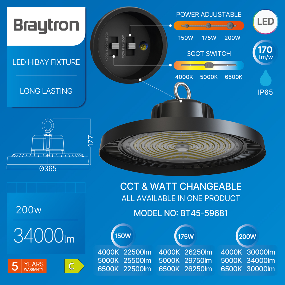 Braytron LED Hallenstrahler Highbay UFO 100W–200W – 13000–34000lm – IP65 wasserdicht – 3CCT Farbwahl – Ansicht 8
