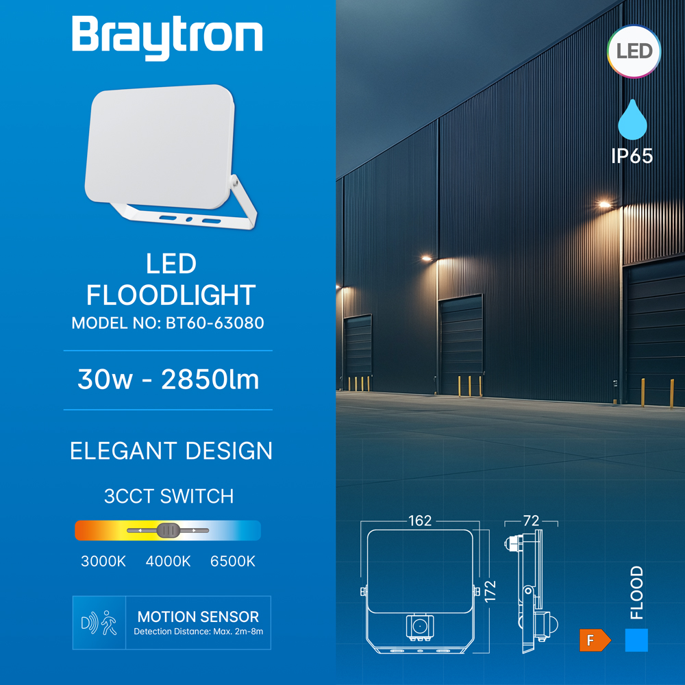 Braytron LED Außenstrahler 30W mit Bewegungsmelder IP65 2850lm 3CCT Fluter – Ansicht 3