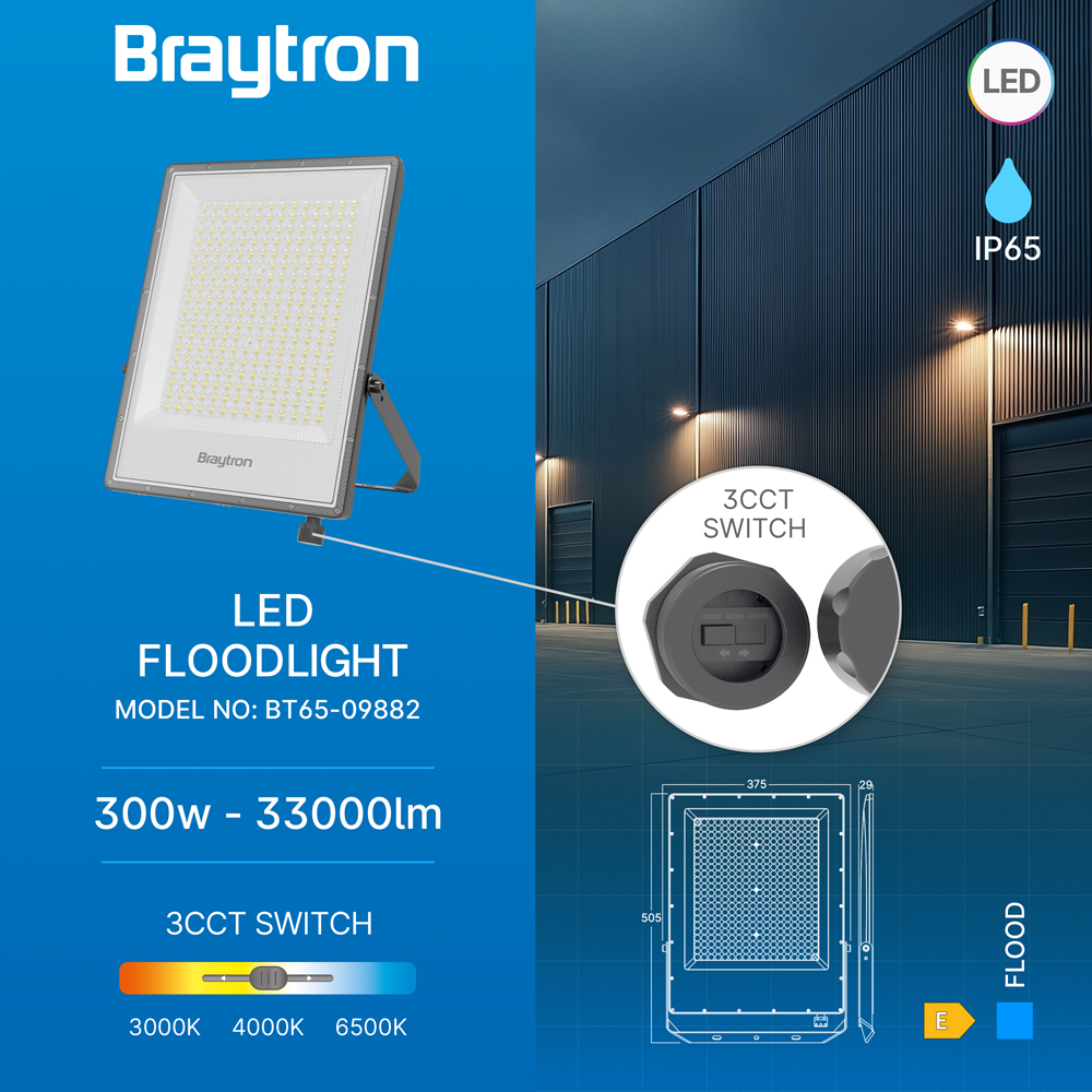 LED Flutlicht 300W IP65 Braytron – 3CCT Außenstrahler – Ansicht 10