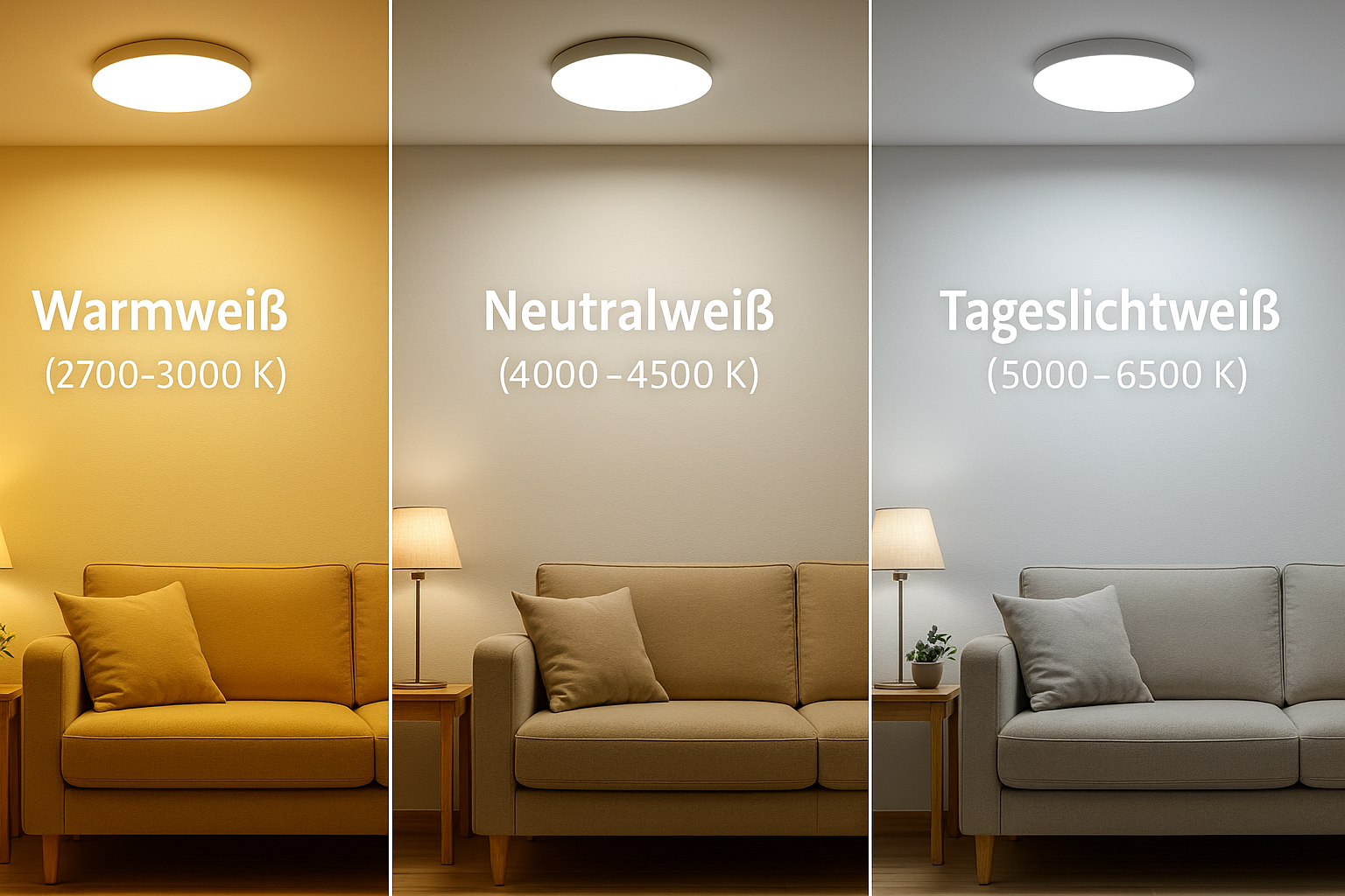 Warmweiß vs. Neutralweiß vs. Tageslichtweiß – Vergleich im Wohnzimmer